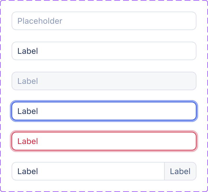 Figma contact sheet: all 6 variants of the Text field component set, laid out in the design library's own grid.