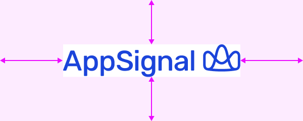 The azure AppSignal logo on a white band, with arrows reaching out from all four sides into a pink margin that marks the clear space.