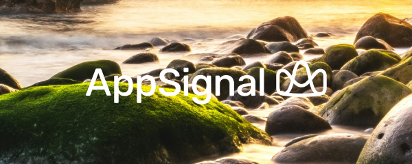 The white AppSignal logo over a photograph of mossy rocks on a beach at sunset, where it is hard to read.