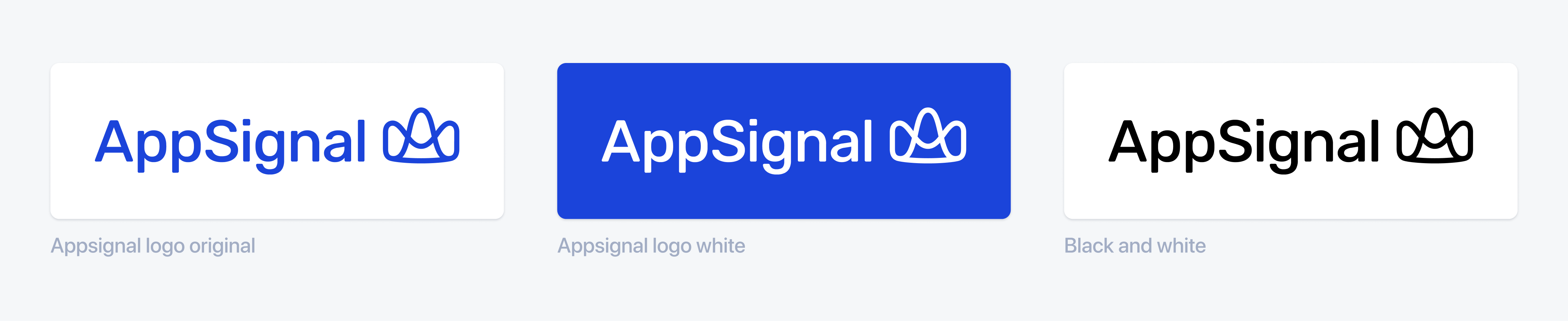 Three versions of the AppSignal logo, each the word AppSignal followed by the crown-shaped mark. The original is azure on white. The white version is on an azure background. The black version is on white.