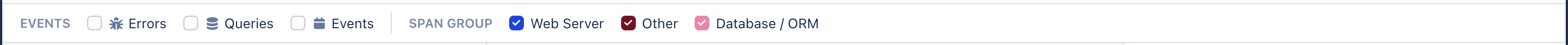 The breakdown bar. Under EVENTS are Errors, Queries and Events checkboxes, each with an icon. Under SPAN GROUP are Web Server, Other and Database / ORM checkboxes, each filled in its group's colour.