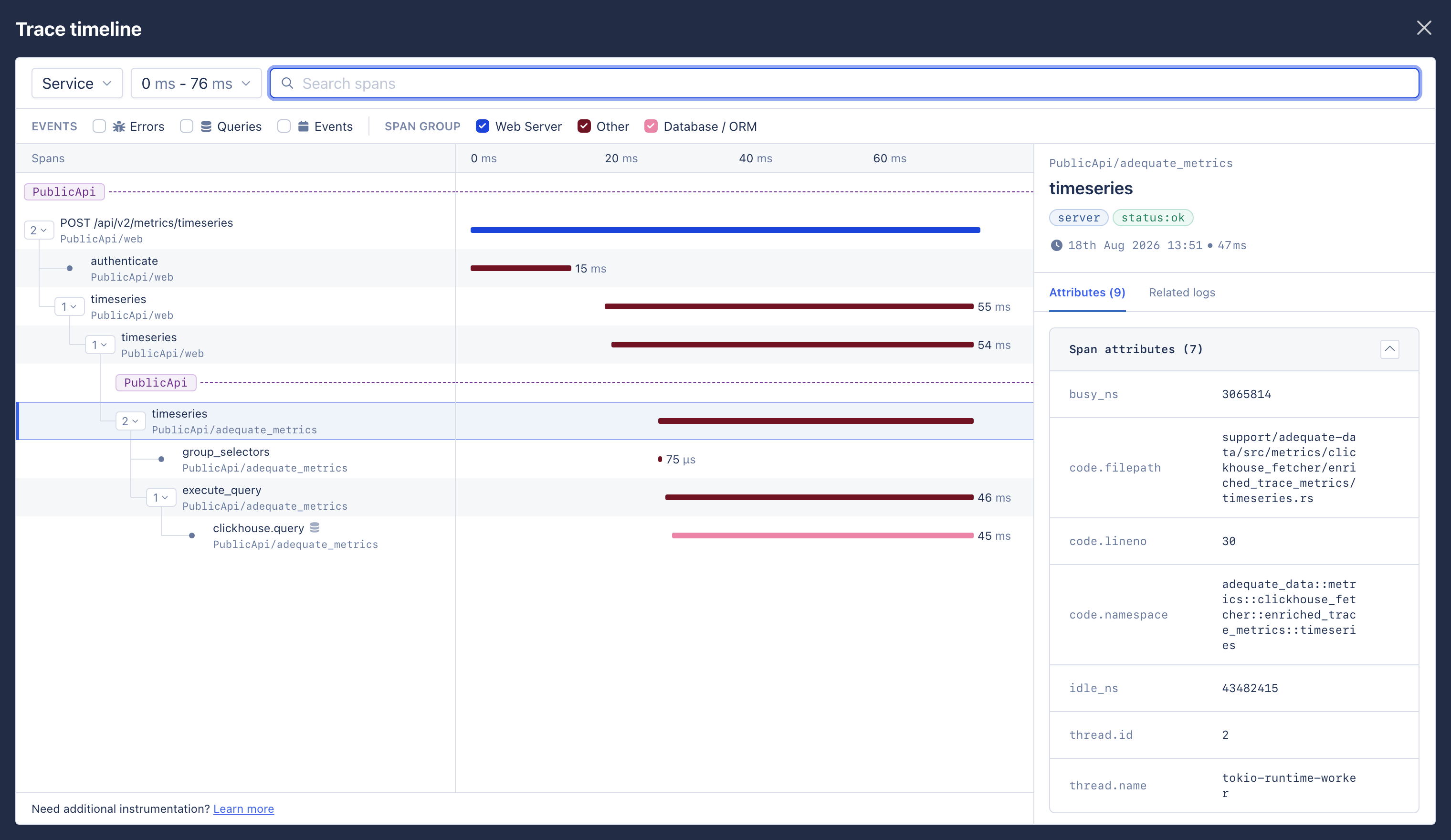 The fullscreen trace timeline overlay. A toolbar holds a Service filter, a duration range and a span search. Below it, a filter bar has Errors, Queries and Events checkboxes and three span-group checkboxes. The body is a span tree on the left with timing bars against a millisecond axis, and an attributes sidebar on the right for the selected span.